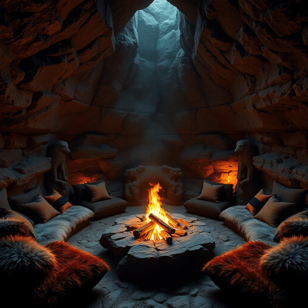 Cozy den interior with warm firelight